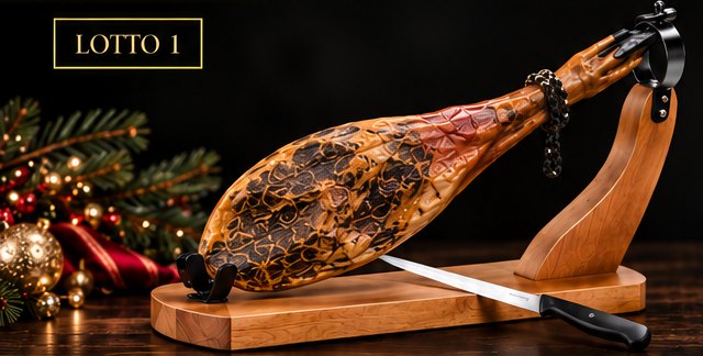 Lotto 1 Collezione Natale 2026: prosciutto 100% ibérico de bellota con morsa e coltello